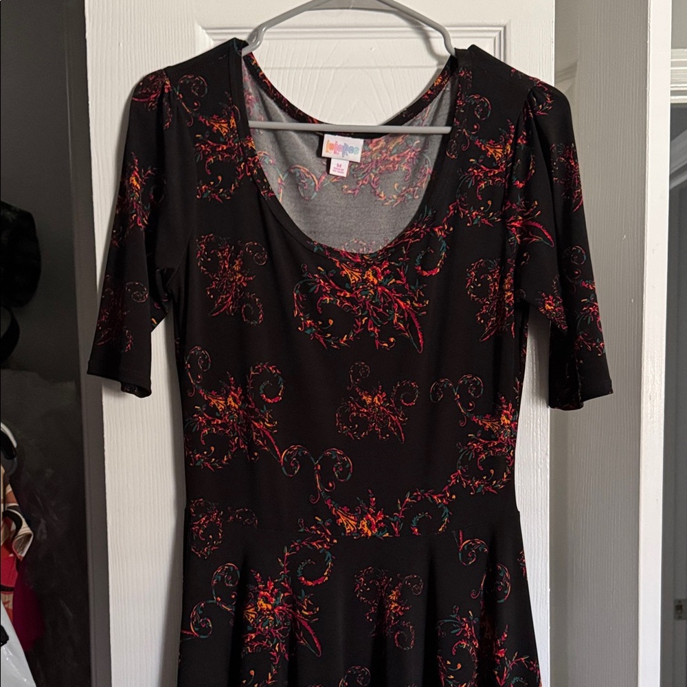 LuLaRoe Black Midi Dress with Red and Orange Floral Print